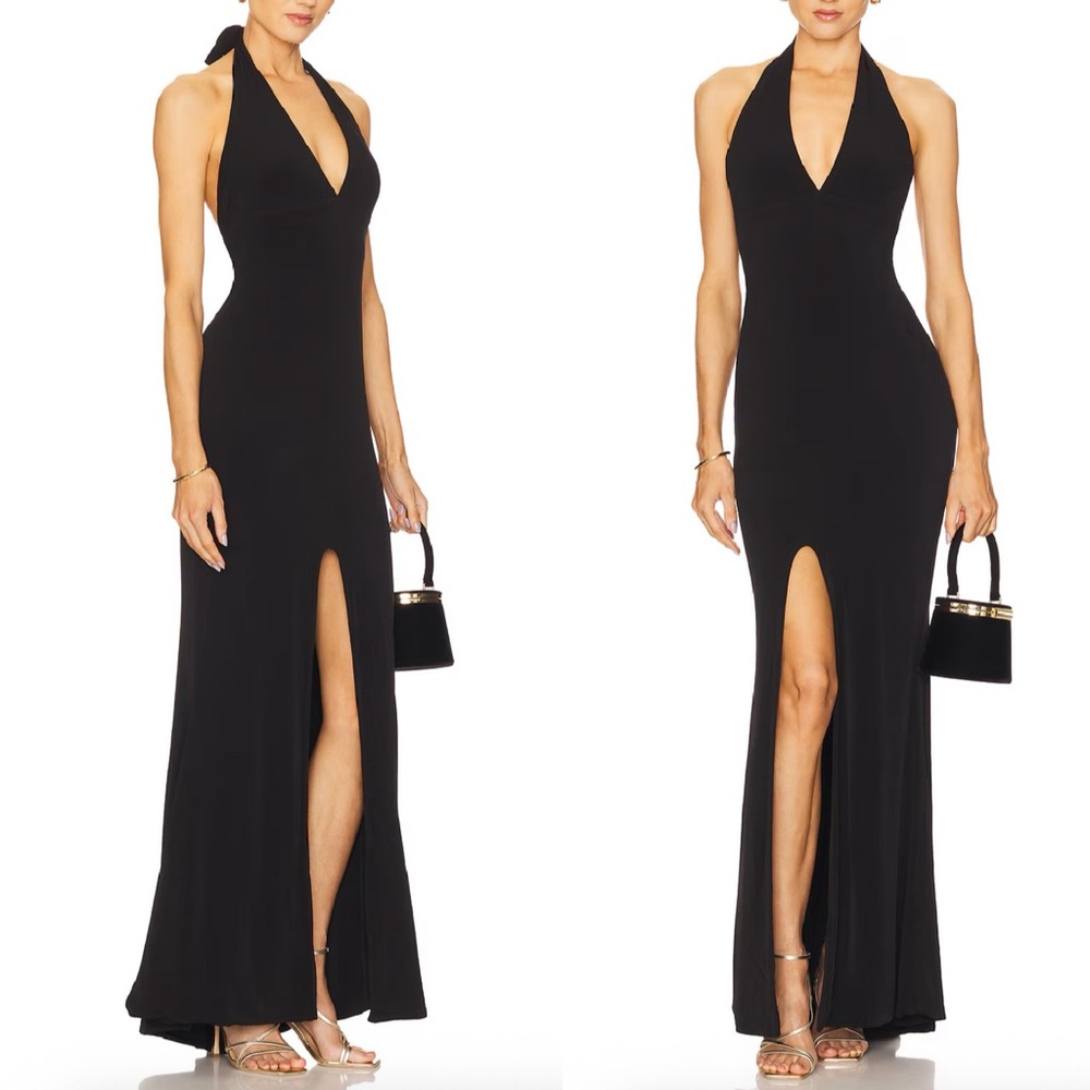 Makers of Dreams Deep V Neck Tie Halter Neck‎ Hi Slit Maxi Dress Black Sz.XS New